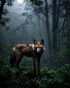 A sun kissed maned wolf in a mist forest