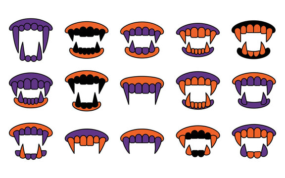 A spooky collection of cartoon vampire teeth designs for halloween decorations and creepy visuals