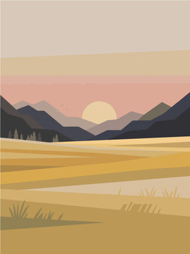 Minimalist vector landscape illustration featuring golden fields under a soft sunset sky with distant layered mountain ranges in neutral tones