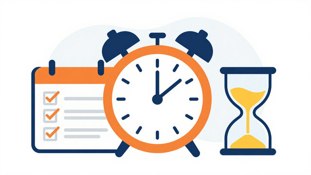 Flat vector time management illustration featuring clock, calendar, productivity, scheduling, planning, deadlines, clean white background, minimal flat design style
