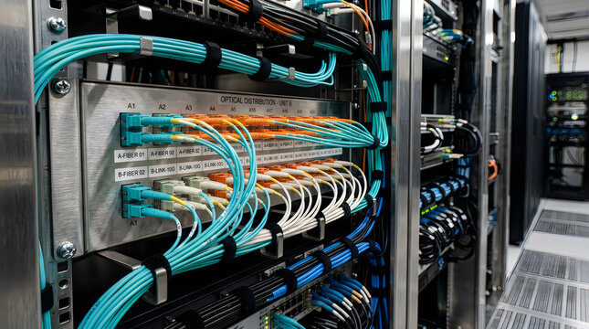 Server Rack Filled with Network Cables and Patch Panels, Showcasing Complex Data Connections and Infrastructure.