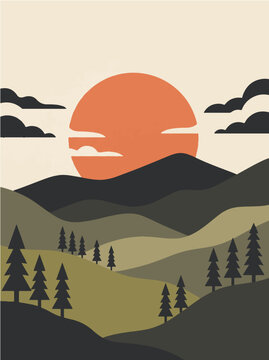 Abstract mountain landscape vector illustration featuring a large sunset sun rising over layered green hills and dense pine forest trees