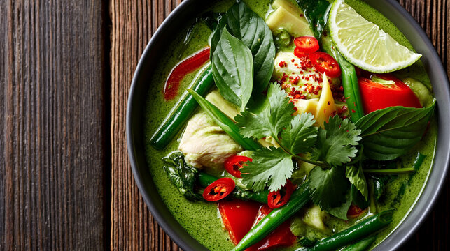 Green curry dish featuring chicken, green beans, red bell peppers, and fresh herbs served in a black bowl on a wooden table with lime wedges