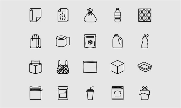 Low density polyethylene flat line icons. LDPE products - food package film, nonresistant paper, garbage bag, plastic water bottle, bubble wrap vector illustrations.