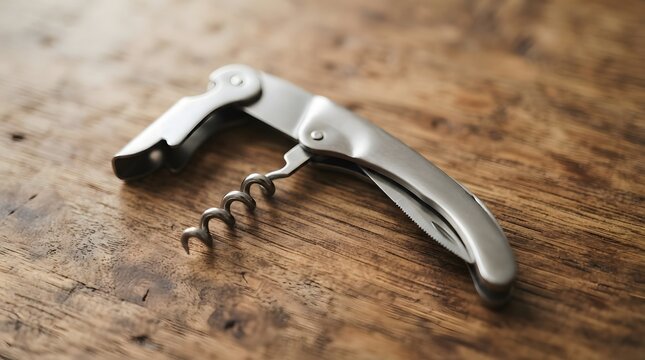Stainless Steel Waiter's Corkscrew Wine Opener on Rustic Wooden Table