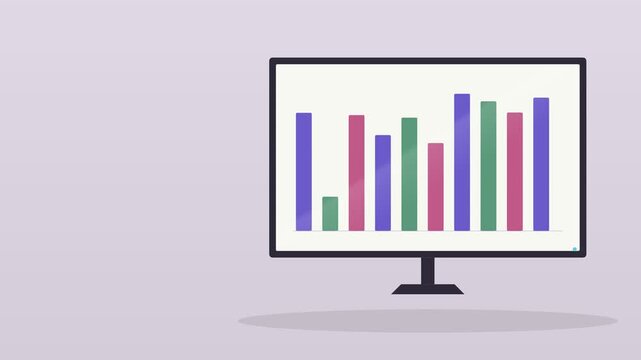 desktop computer monitor showing an animated bar graph on a warm desk, lilac tone