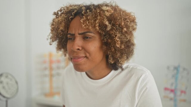 Woman squints eye and frowns while examining eyeglasses display on a stand in an optician shop building; uncertainty.