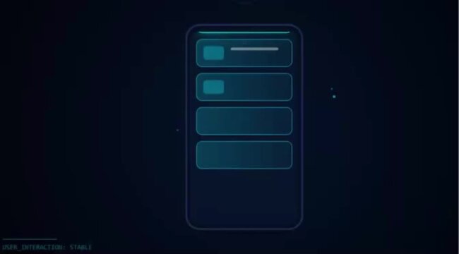 Futuristic smartphone wireframe interface animation with glowing cyan menu selection list and user interaction tag