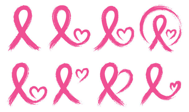 Pink breast cancer awareness ribbon set with hearts, hand drawn brush stroke icons, 8 medical charity vector elements for health campaigns