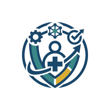 A circular medical shield icon with abstract technical design elements