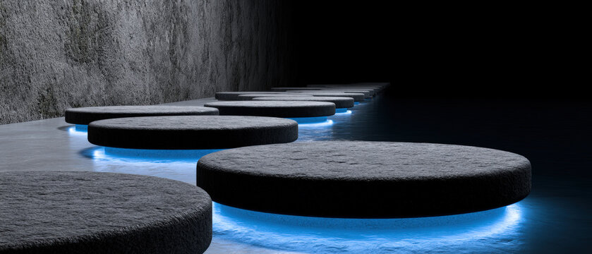 Dark Circular Discs with Cyan Underglow in Futuristic Display