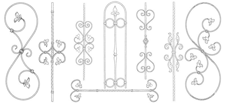 Wrought Iron Leaf Scrolls, Twisted Balusters and Ornamental Panel Stipple Vector Set