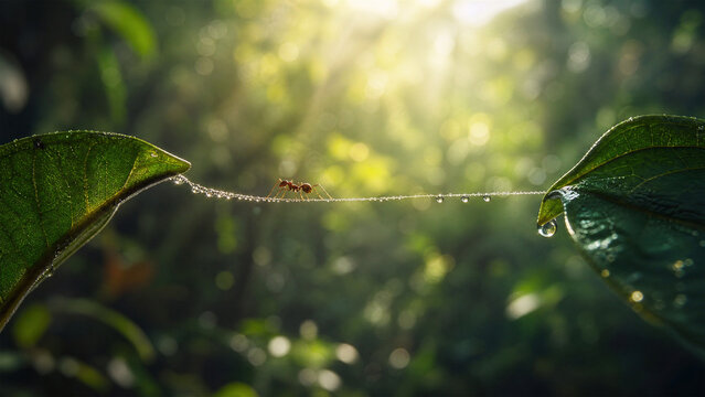 Red ant crossing a delicate dewdrop bridge between two green leaves in morning light