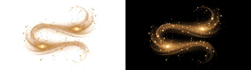 Fototapeta premium Gold magic swirl effect with sparkling snowflakes and stars for PNG, Transparent and Black Background Versions use