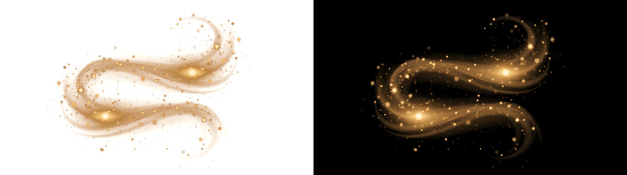 Gold magic swirl effect with sparkling snowflakes and stars for PNG, Transparent and Black Background Versions use