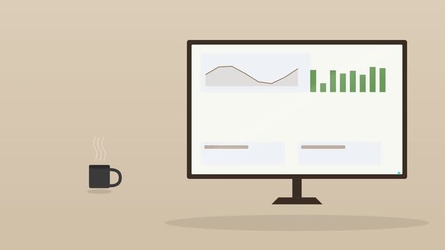 desktop computer monitor showing an analytics dashboard with a coffee cup on a warm desk, mocha brown tone