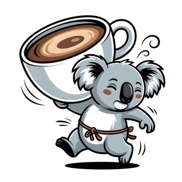 Cute koala bear running and carrying a large cup of coffee for a morning energy boost isolated on transparent background