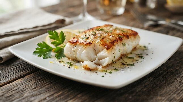 Grilled salmon fillet with herbs on a white plate