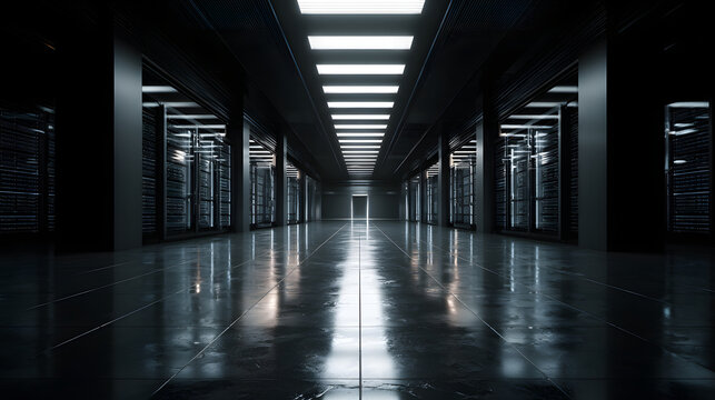 Dark server room corridor with reflective floor and rows of rack cabinets under linear ceiling lights creating futuristic clean data center atmosphere