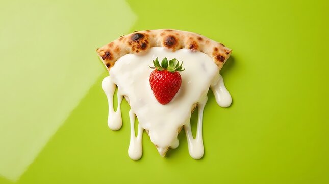 Slice of pizza with cream and fresh strawberry on green