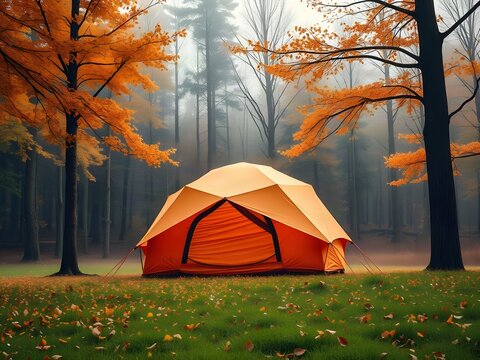 cozy orange dome tent in a serene autumn forest with golden leaves and morning mist