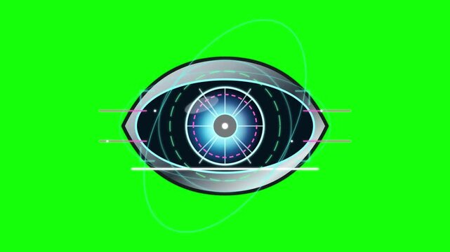 Futuristic eye icon featuring digital interface elements displays biometric surveillance capabilities on a green background.
