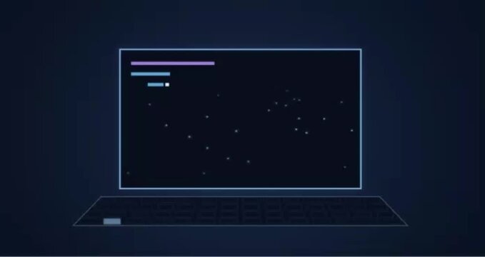 Cloud data migration 3D isometric animation showing data particles syncing to open laptop with tech graphics