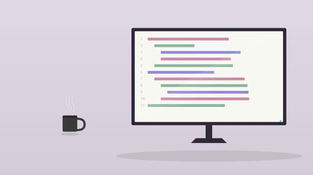 desktop computer monitor showing lines of code with a coffee cup on a warm desk, lilac tone