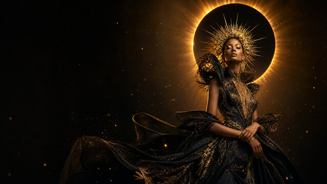 Majestic model portraying a celestial solar eclipse goddess in an ornate black and gold gown with a glowing halo crown
