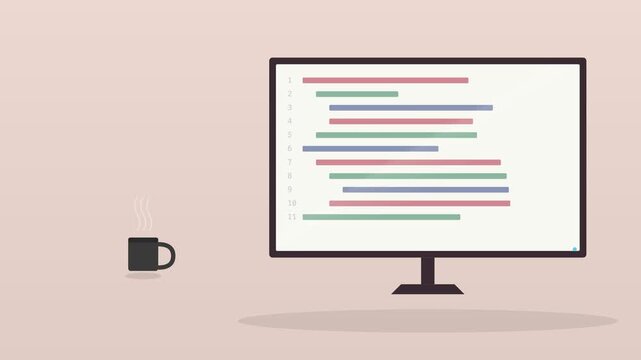 desktop computer monitor showing lines of code with a coffee cup on a warm desk, blush tone