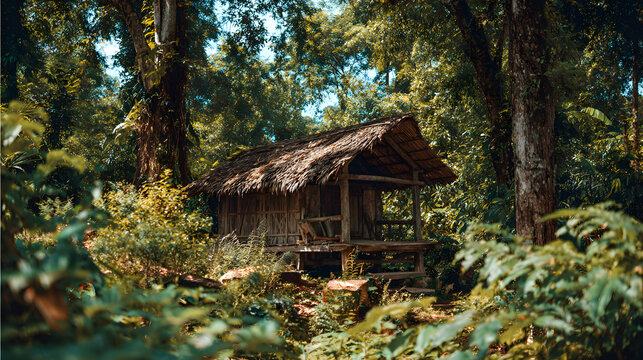 Rustic wooden hut jungle greenery sunlight eco lifestyle natural wooden hut serenity surrounded by tropical trees and foliage, sunlit thatched roof cabin stilts offering peaceful retreat wilderness