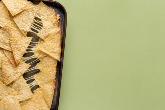 Nachos with melted cheese on a sheet pan and green background