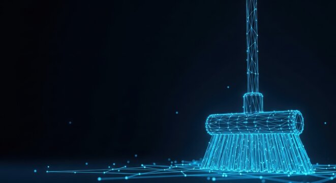 Digital wireframe broom representing data cleaning and system optimization illustration futuristic