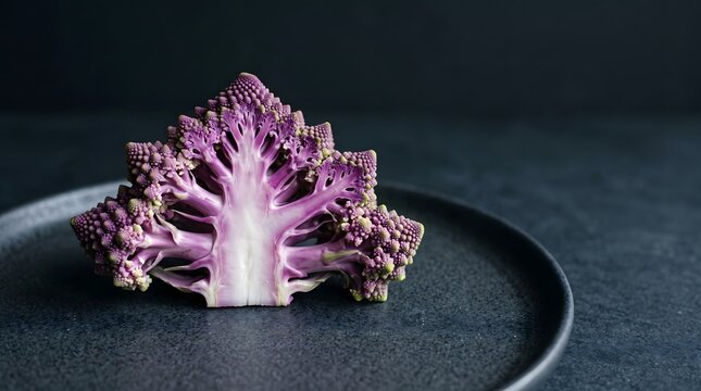 A cross section of romanesco cauliflower displays a fractal purple vegetable structure