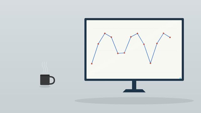 desktop computer monitor showing an animated line chart with a coffee cup on a warm desk, cool blue tone