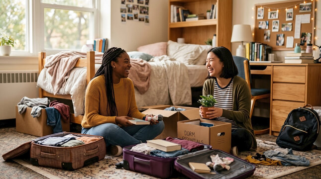 Diverse college roommates happily unpacking in their dorm room, preparing for college life and decorating student housing, ideal for university admissions and student orientation blogs