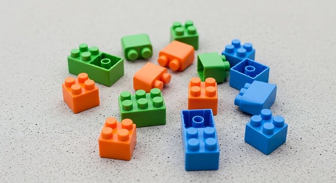 Colorful plastic building blocks scattered on a white background
