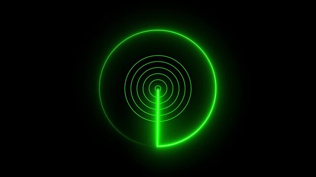 Circular radar screen with glowing orange rings and sonar pulse on black background
