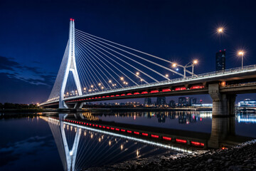 Naklejka premium Modern illuminated cable stayed bridge over calm water at nighttime