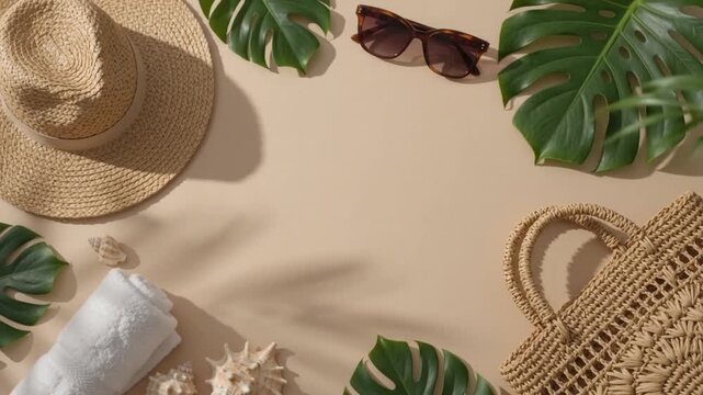 Summer Vacation Flat Lay with Straw Hat and Monstera Leaves Frame