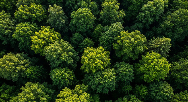 Aerial view of a dense forest with green trees from high above in the summer