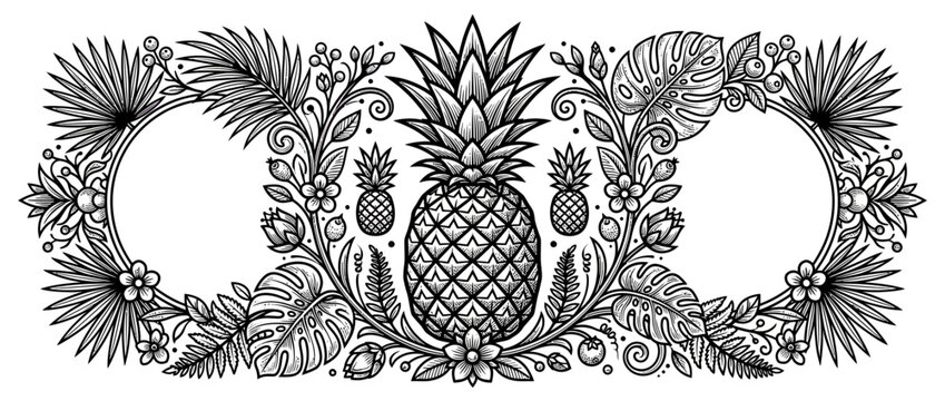 Tropical Pineapple Floral Frame with Leaves and Flowers