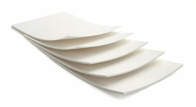 Stack of curved white paper sheets isolated on white