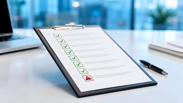 Risk assessment and compliance audit concept with a clipboard checklist showing green approvals and a red warning indicator on an office desk