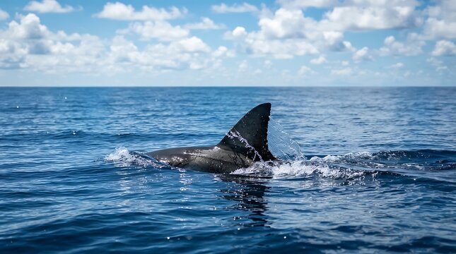 Great white shark fin swimming in the deep blue ocean
