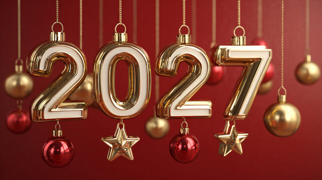 Golden "2027" balloons hang amid festive ornaments. Red and gold baubles dangle against a rich red background. Holiday cheer and celebration for the new year