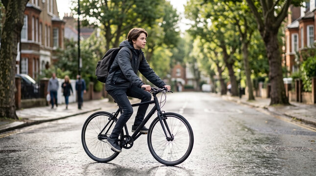 Teen boy cycling to school on a wet residential street for student bike commute content, urban child cyclist blogs, healthy student transport articles, and eco-friendly school run campaigns.