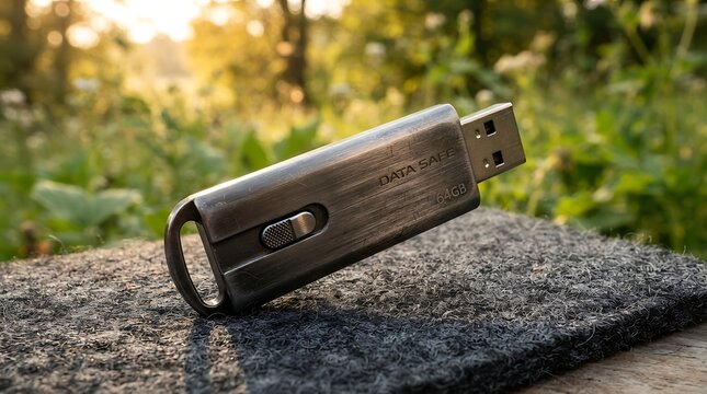 Black usb flash drive resting on a textured stone surface