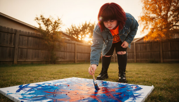 Creative teenager painting abstract art on large canvas outdoors in backyard at sunset, blue and red paintbrush strokes, denim jacket, focused expression, golden hour backlight, copy space in sky