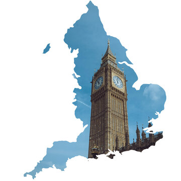 Big Ben Clock Tower in London Inside England Map Silhouette